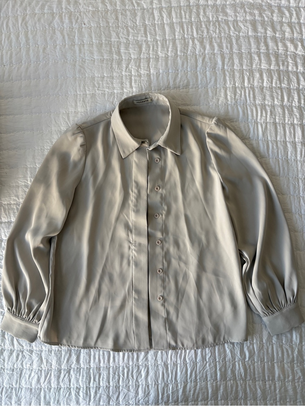 Fehaute Neutral Light Beige Button-Down Blouse with Soft Collar